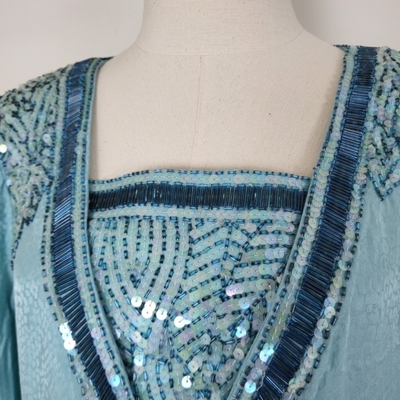 *Free With Purchase* 80’s D'ore shift dress midi turquoise beaded sequins - Picture 4 of 12